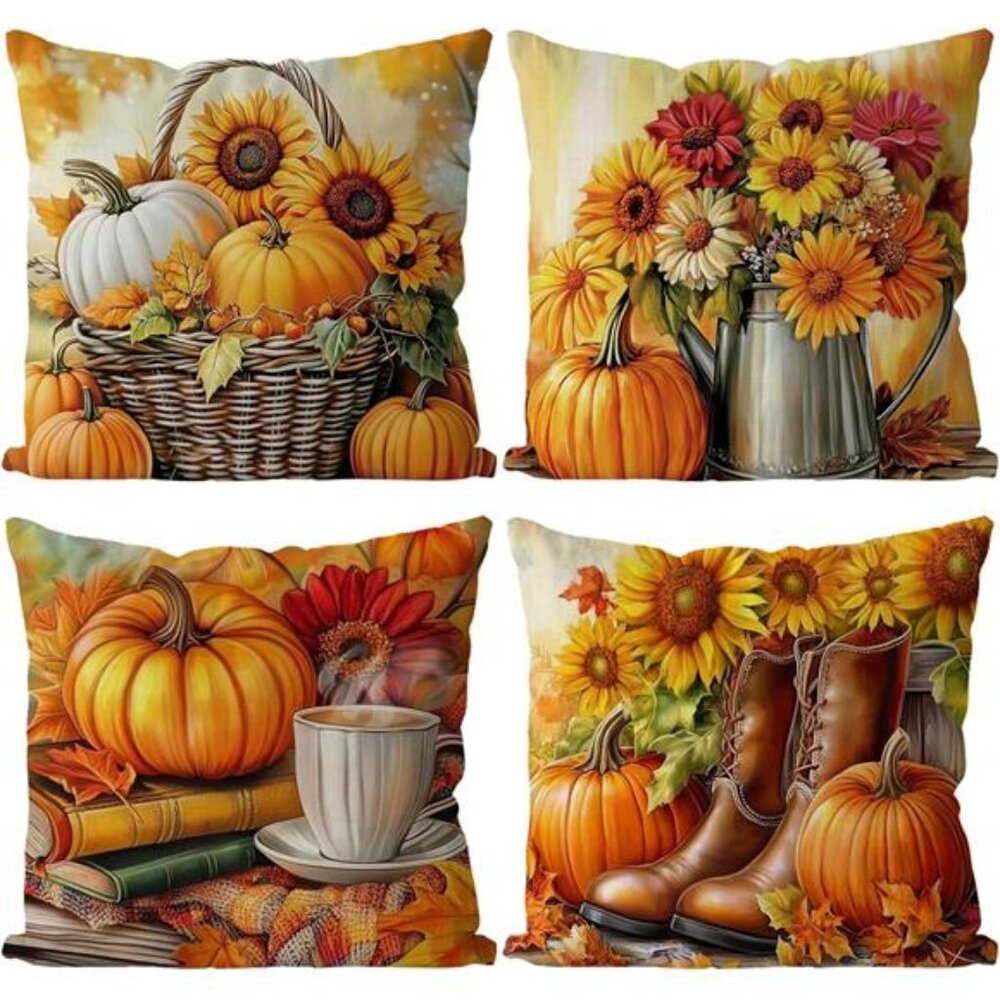 Fall Pillow Covers 18x18 Inch Set of 4 Pumpkin Flower Decorative Throw Pillow